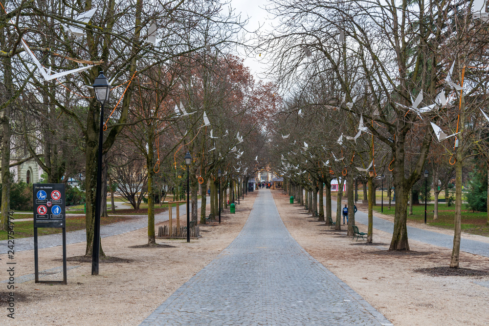 Diminishing one perspective view of promenade walkway and line of trees without leaves at Palais Eynard and Promenade des Bastions, large green park, in Geneva, Switzerland in winter season.