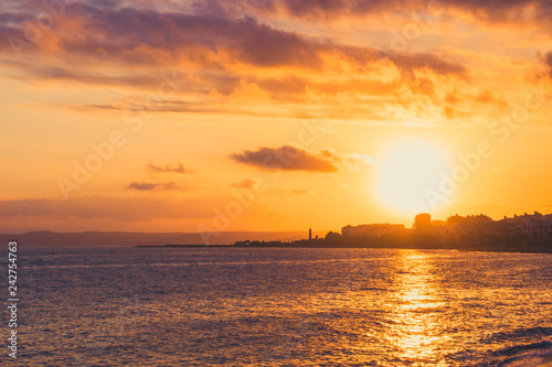 Sunset. Mediterranean Sea Sunset at Costa del Sol beach. Estepona, Malaga, Andalusia, Spain.
