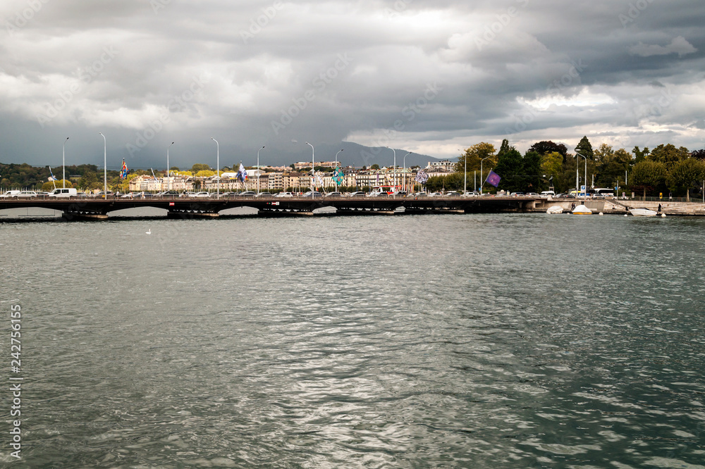 Leman lake in the Swiss city of Geneva on a cloudy day