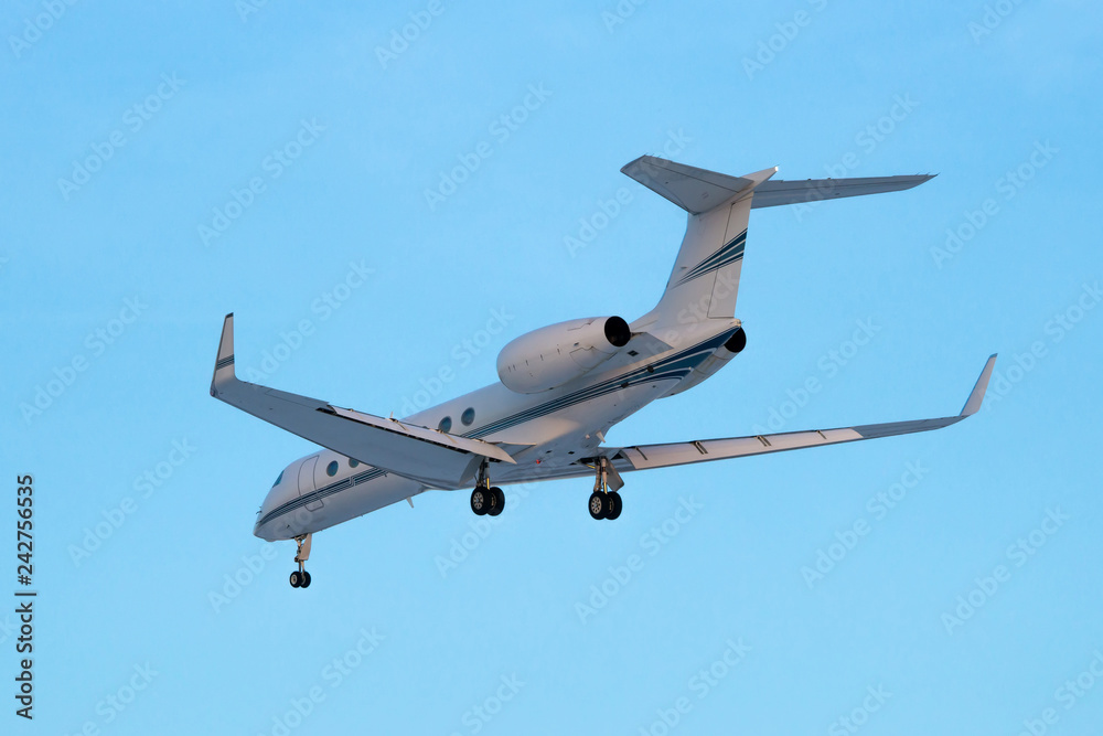 White modern business jet landing White modern business jet landing
