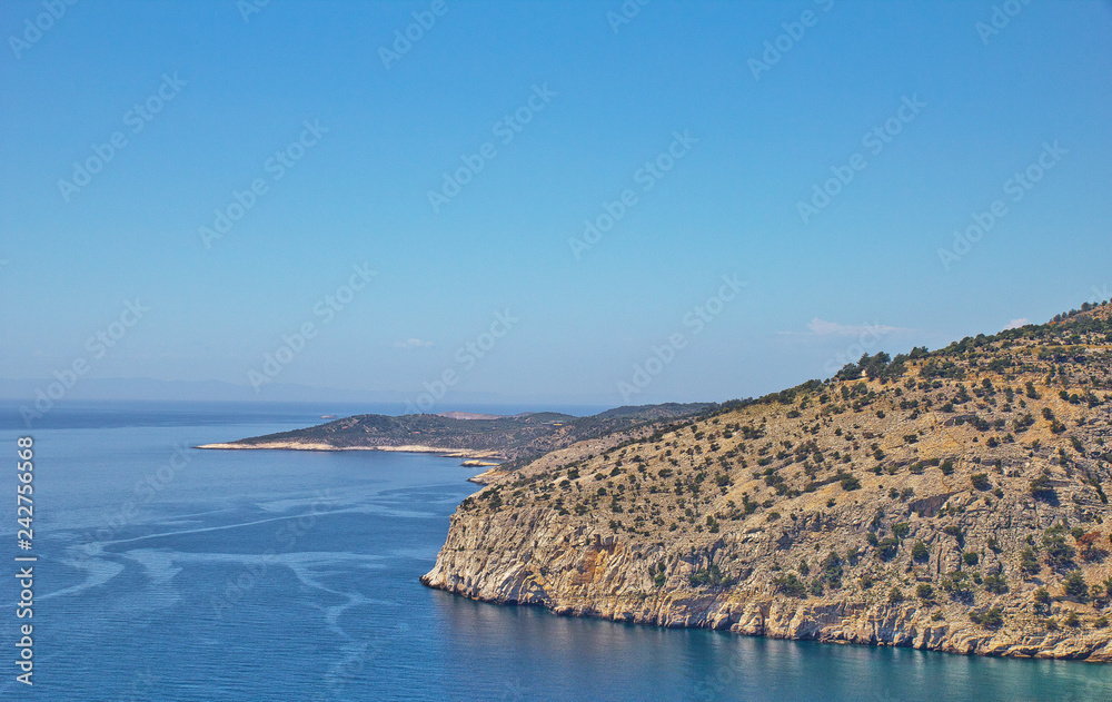 beautiful ocean views in clear weather from the coast of Thassos, the Greek island.