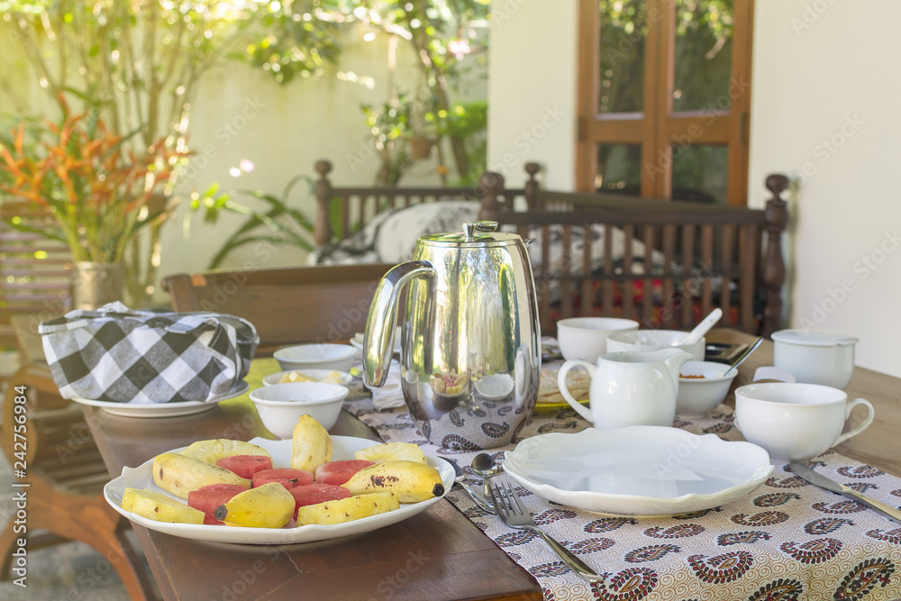 Beautifully served breakfast on terrace, hotel, resort