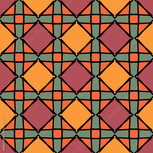 Pattern of simple and bright intersecting geometric shapes - squares, rectangles and rhombuses. Vector illustration. Geometric seamless pattern.