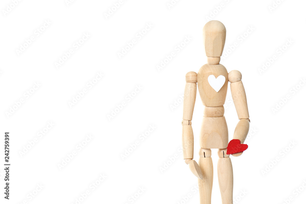 Wooden puppet with small heart on white background. Relationship problems Wooden puppet with small heart on white background. Relationship problems