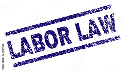 LABOR LAW seal print with grunge style. Blue vector rubber print of LABOR LAW text with unclean texture. Text title is placed between parallel lines.