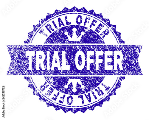TRIAL OFFER rosette stamp imprint with grunge style. Designed with round rosette, ribbon and small crowns. Blue vector rubber print of TRIAL OFFER title with dirty style.