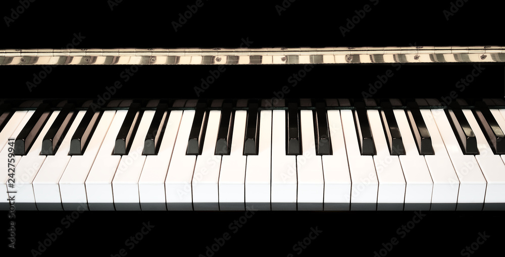 Piano keys close up with black and white keyboard with space for copy.