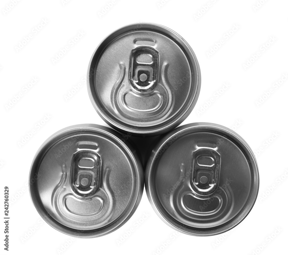 Top view of aluminum cans with beverage on white background Top view of aluminum cans with beverage on white background