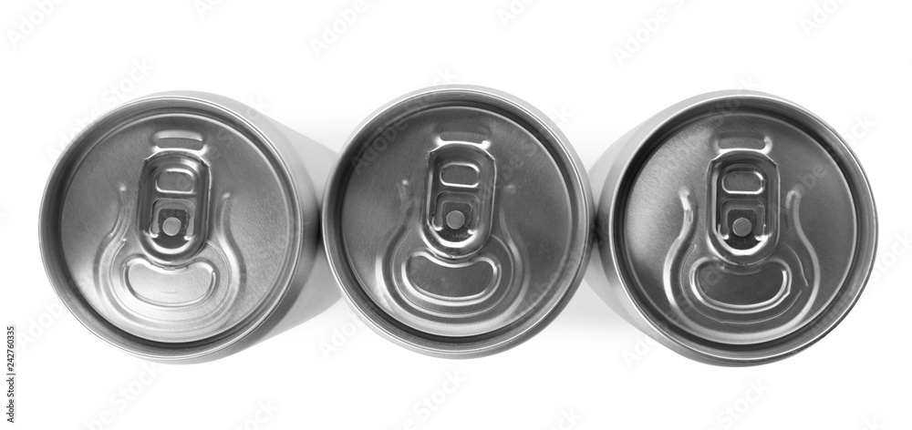 Top view of aluminum cans with beverage on white background Top view of aluminum cans with beverage on white background