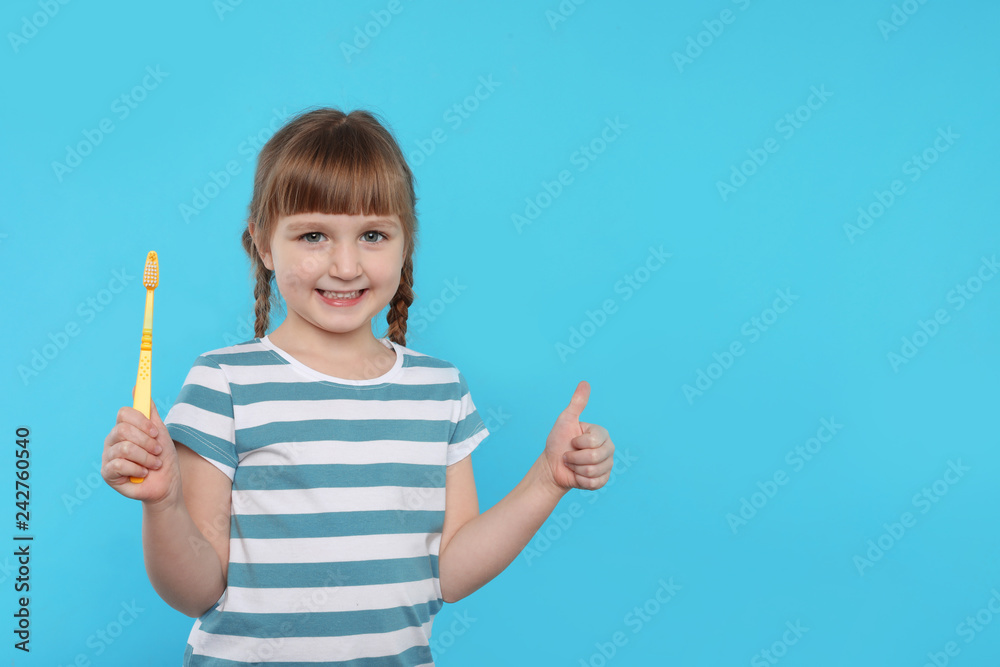 Little girl with toothbrush on color background. Teeth care Little girl with toothbrush on color background. Teeth care