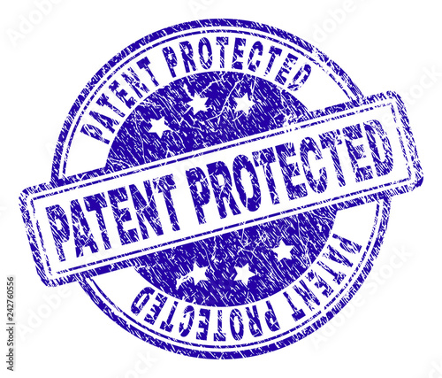 PATENT PROTECTED stamp seal imprint with grunge texture. Designed with rounded rectangles and circles. Blue vector rubber print of PATENT PROTECTED tag with retro texture.