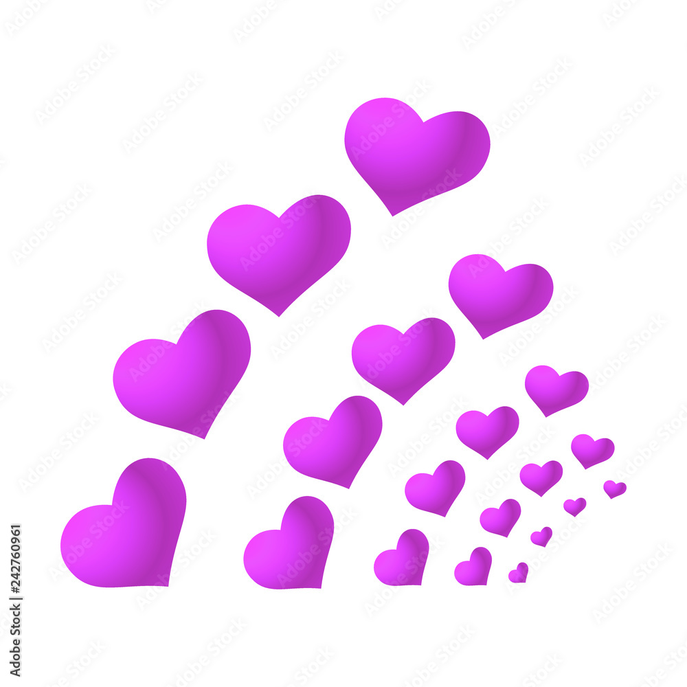 Pink hearts vector design in a diagonal ray shape with a soft pink gradient color isolated on a white background
