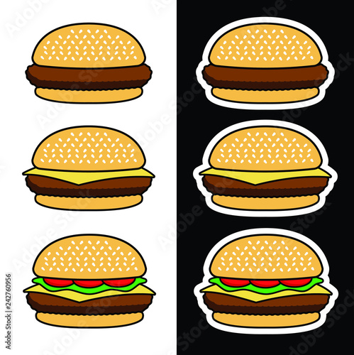 Color hamburger icon set with regular burger, cheeseburger, and deluxe cheeseburger with lettuce and tomato on a white background with sticker white outlined versions icon set