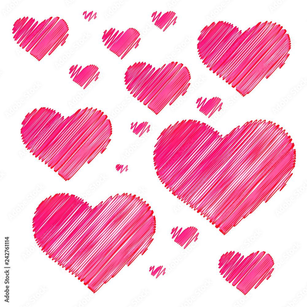 Vector heart set with scribbled hand drawn hearts in a red and pink color marker drawing style isolated on a white background