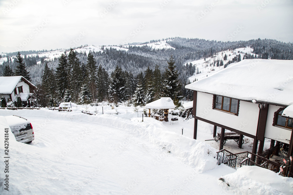 Winter Carpathian landscape in Yaremche 