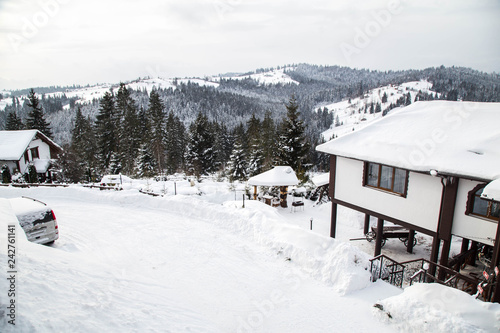 Winter Carpathian landscape in Yaremche 