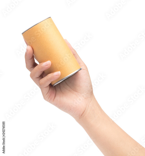 hand holding can box craft brown tube packaging isolated on white background