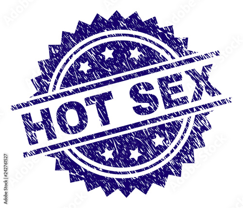 HOT SEX stamp seal watermark with distress style. Blue vector rubber print of HOT SEX tag with retro texture.