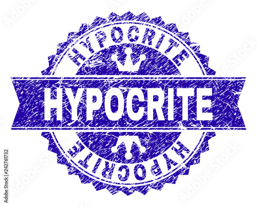 HYPOCRITE rosette seal watermark with grunge style. Designed with round rosette, ribbon and small crowns. Blue vector rubber watermark of HYPOCRITE tag with retro style.