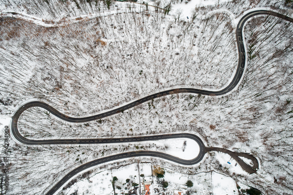 Winter road turns from above