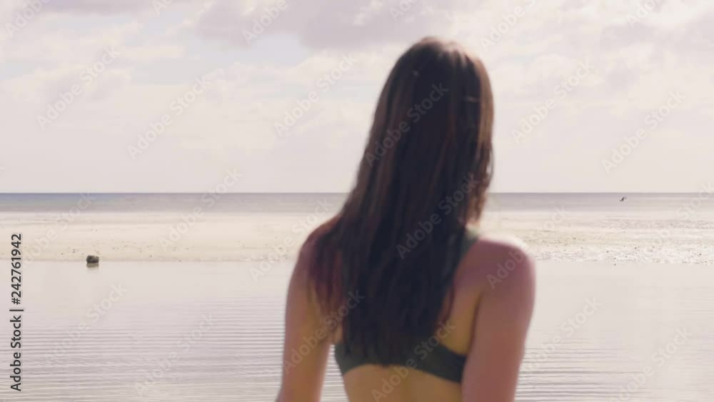 Young woman in summer bikini walking on sea water on tropical beach back view. Slim woman in swimsuite bathing in ocean at exotic island. Rear view attractive woman enjoying sea at paradise beach. Young woman in summer bikini walking on sea water on tropical beach back view. Slim woman in swimsuite bathing in ocean at exotic island. Rear view attractive woman enjoying sea at paradise beach.