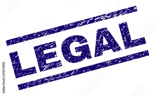 LEGAL seal print with distress style. Blue vector rubber print of LEGAL text with grunge texture. Text tag is placed between parallel lines.