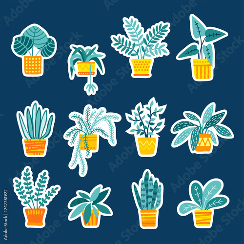 Collection of stickers with folliage houseplants, hand drawn elements. 