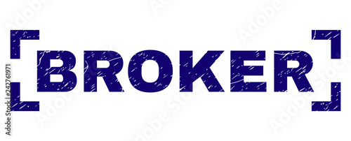BROKER caption seal stamp with grunge texture. Text caption is placed between corners. Blue vector rubber print of BROKER with unclean texture.