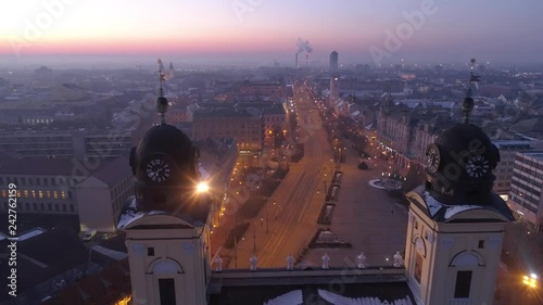 Aerial video of Reformed Great Church in Debrecen city, Hungary