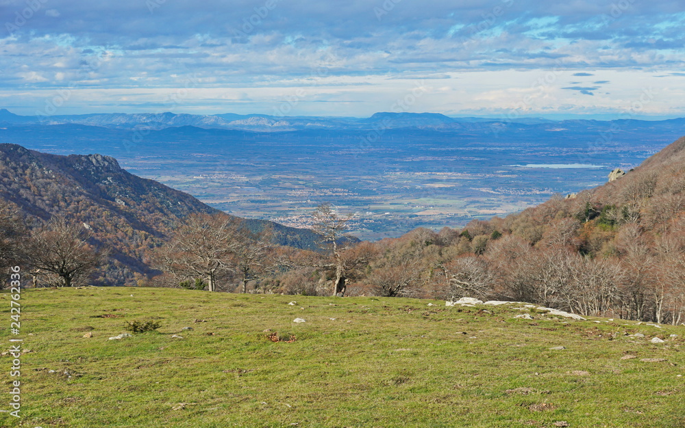 France view over the Roussillon plain from the Albera mountain range, Pyrenees Orientales