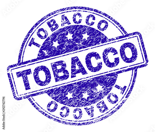 TOBACCO stamp seal watermark with distress texture. Designed with rounded rectangles and circles. Blue vector rubber print of TOBACCO label with unclean texture.