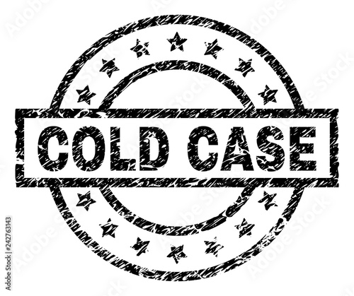 COLD CASE stamp seal watermark with distress style. Designed with rectangle, circles and stars. Black vector rubber print of COLD CASE label with unclean texture.