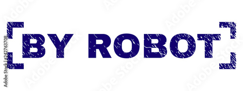 BY ROBOT text seal print with corroded style. Text label is placed inside corners. Blue vector rubber print of BY ROBOT with corroded texture.