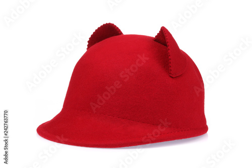 Foto Wool hat red with ears isolated on white background