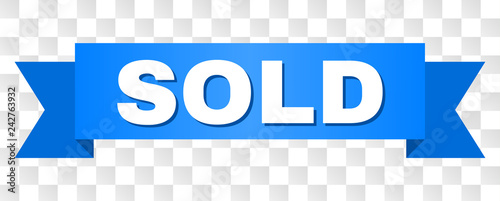 SOLD text on a ribbon. Designed with white caption and blue stripe. Vector banner with SOLD tag on a transparent background.