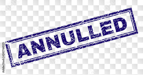 ANNULLED stamp seal imprint with rubber print style and double framed rectangle shape. Stamp is placed on a transparent background. Blue vector rubber print of ANNULLED caption with retro texture.