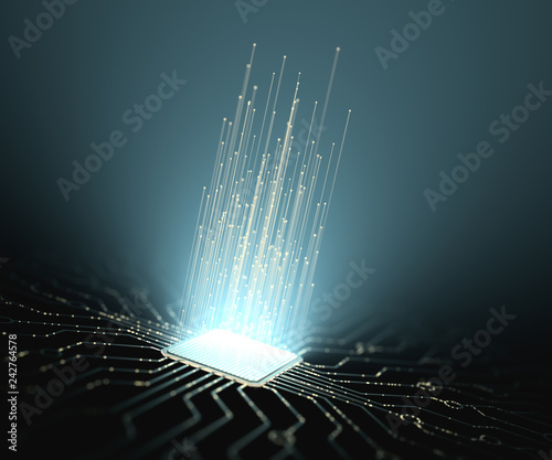 Artificial intelligence. Microchip connections, electric pulses and binary codes. photo