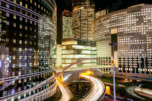 Night skyscrapers in Paris  La Defense district  Puteaux  France