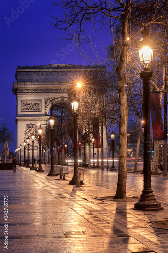 Triumphal Arch at night on the Avenue Champs Elysees, Paris