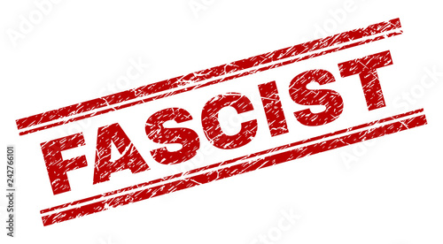 FASCIST seal watermark with corroded texture. Red vector rubber print of FASCIST text with dust texture. Text tag is placed between double parallel lines.