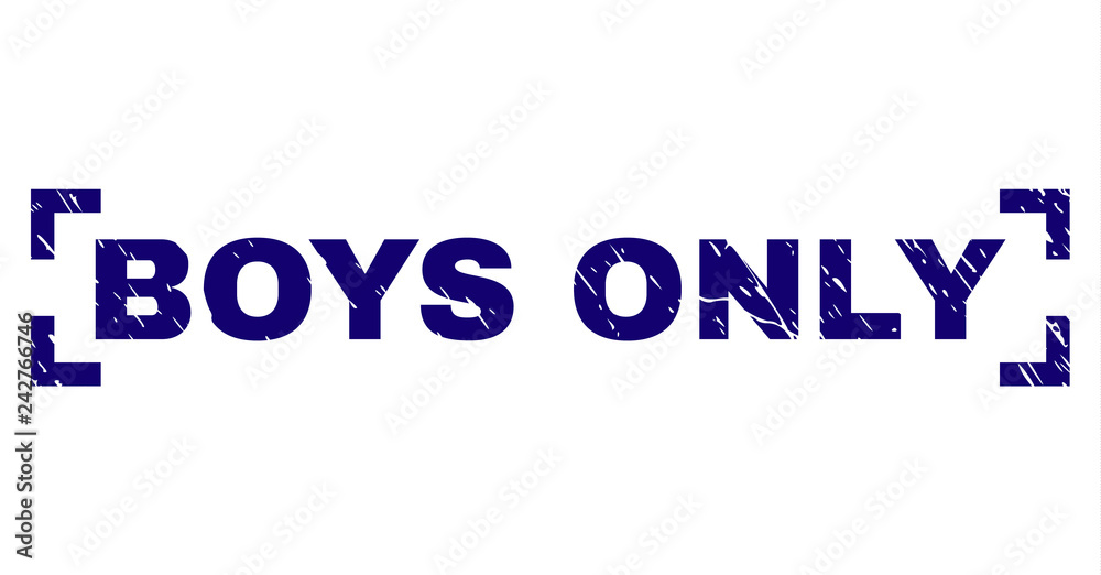 BOYS ONLY tag seal print with grunge texture. Text label is placed inside corners. Blue vector rubber print of BOYS ONLY with grunge texture.