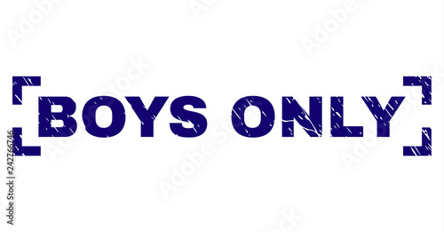 BOYS ONLY tag seal print with grunge texture. Text label is placed inside corners. Blue vector rubber print of BOYS ONLY with grunge texture.