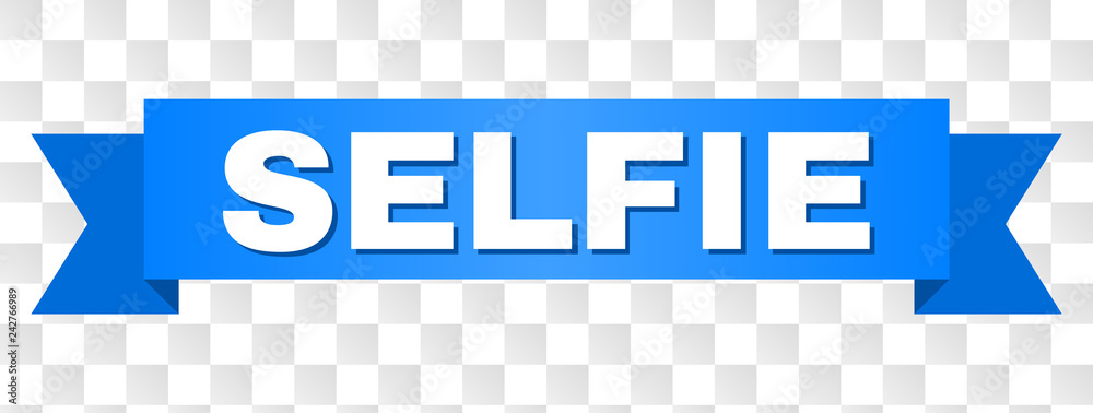 Fototapeta premium SELFIE text on a ribbon. Designed with white caption and blue tape. Vector banner with SELFIE tag on a transparent background.