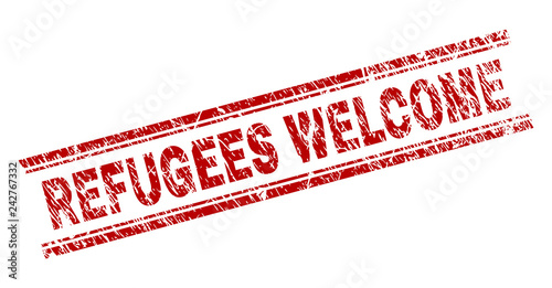 REFUGEES WELCOME seal print with grunge effect. Red vector rubber print of REFUGEES WELCOME title with dust texture. Text title is placed between double parallel lines.