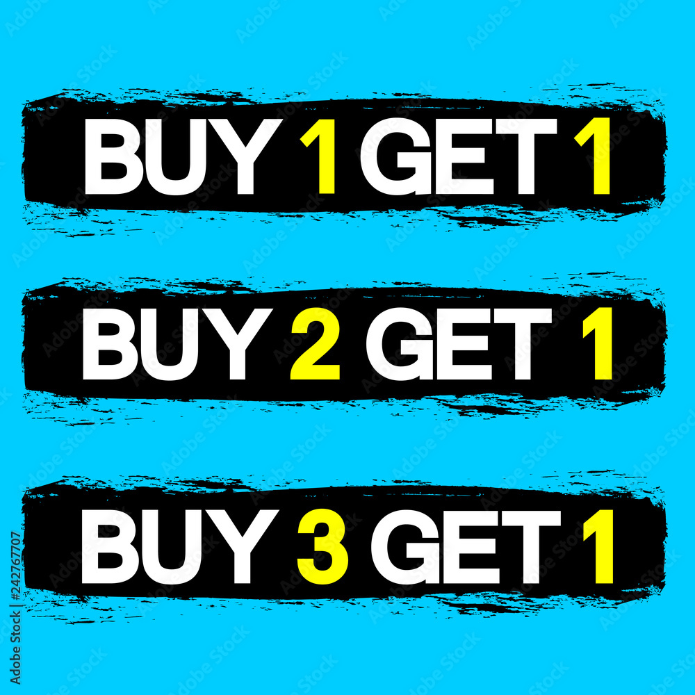 Fototapeta premium Buy 2 Get 1 Free, 3 sale banners, discount tags design template, grunge brush, vector illustration