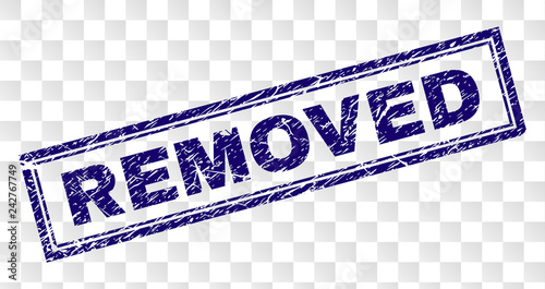 REMOVED stamp seal watermark with rubber print style and double framed rectangle shape. Stamp is placed on a transparent background. Blue vector rubber print of REMOVED caption with unclean texture.