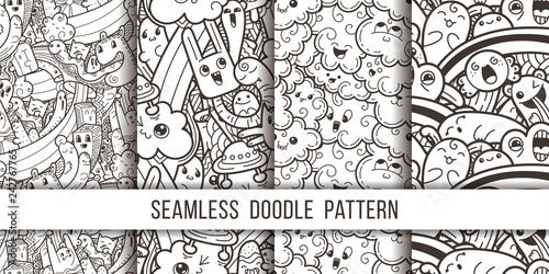 Collection of funny doodle monsters seamless pattern for prints, designs and coloring books