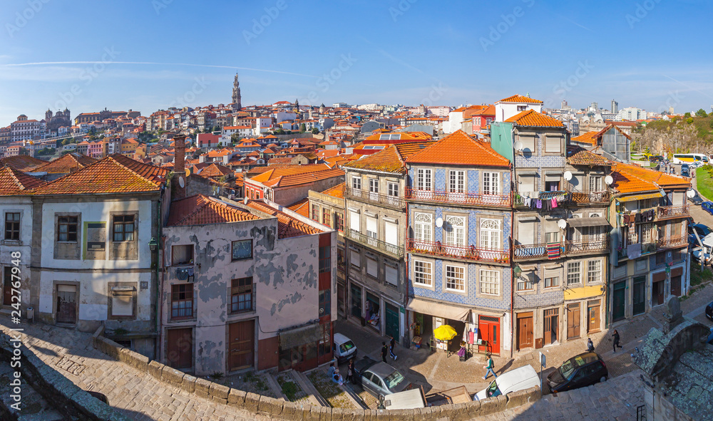 Panoramic skyline view of Ribeira - historical district of Porto city, Portugal. Ribeira district used to be a centre of commercial and manufacturing activity since the Middle Ages