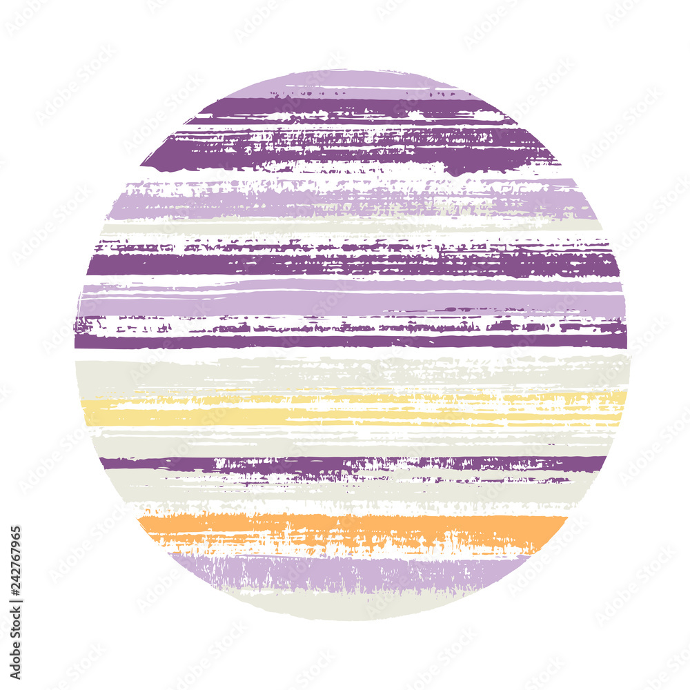 Ragged circle vector geometric shape with striped texture of paint horizontal lines. Disk banner with old paint texture. Label round shape logotype circle with grunge background of stripes.