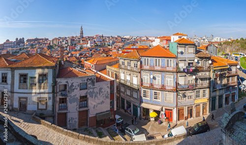 Panoramic skyline view of Ribeira - historical district of Porto city, Portugal. Ribeira district used to be a centre of commercial and manufacturing activity since the Middle Ages